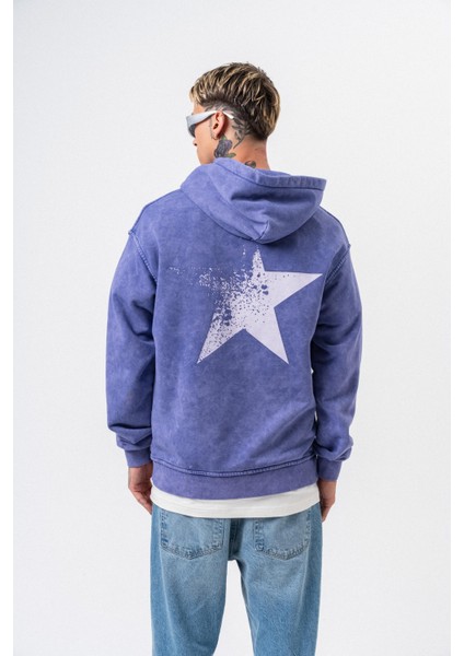 Erkek Star Baskılı Yıkamalı Kapüşonlu Oversize Hoodie Mor