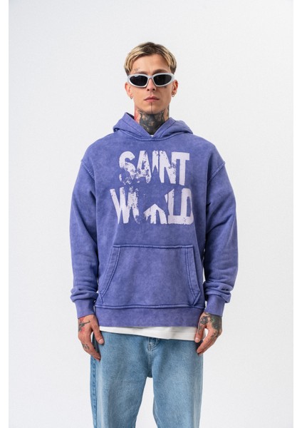 Erkek Star Baskılı Yıkamalı Kapüşonlu Oversize Hoodie Mor fiyatları
