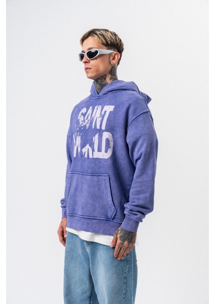 Erkek Star Baskılı Yıkamalı Kapüşonlu Oversize Hoodie Mor modelleri