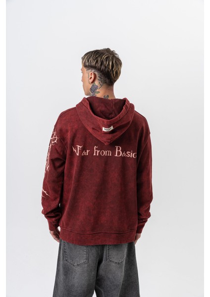 Erkek Far From Basic Baskılı Yıkamalı Kapüşonlu Oversize Hoodie Bordo