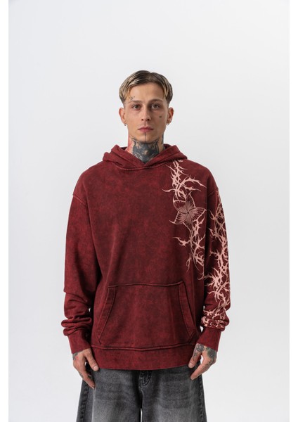Erkek Far From Basic Baskılı Yıkamalı Kapüşonlu Oversize Hoodie Bordo fiyatları