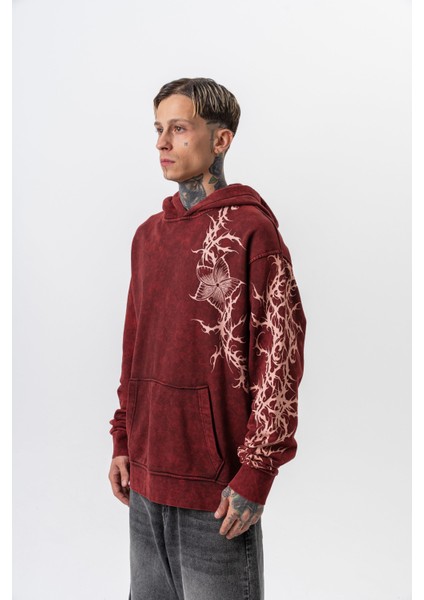 Erkek Far From Basic Baskılı Yıkamalı Kapüşonlu Oversize Hoodie Bordo modelleri