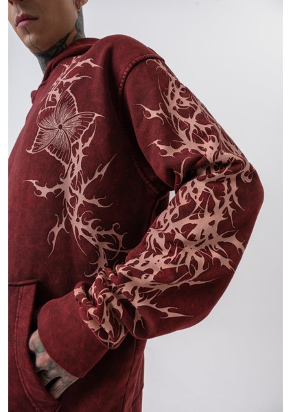 Erkek Far From Basic Baskılı Yıkamalı Kapüşonlu Oversize Hoodie Bordo fırsatları