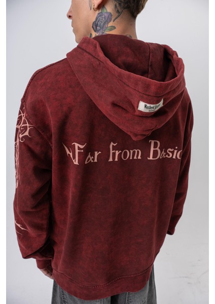 Erkek Far From Basic Baskılı Yıkamalı Kapüşonlu Oversize Hoodie Bordo indirimleri