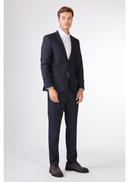 Lacivert Armürlü Slim Fit Casual Takım Elbise