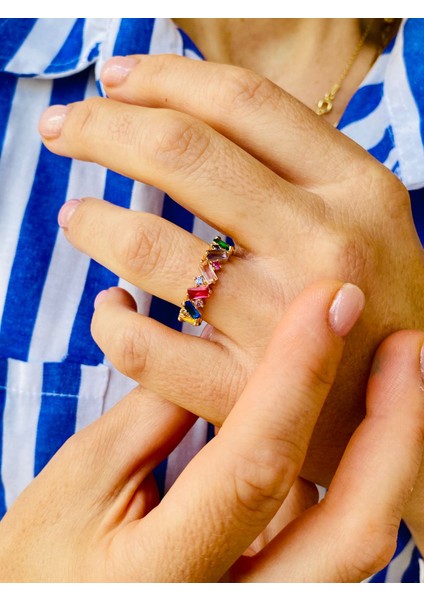 Baget Kesim Renkli Zirkon Taşlı Rainbow Ayarlanabilir Tamtur Yüzük