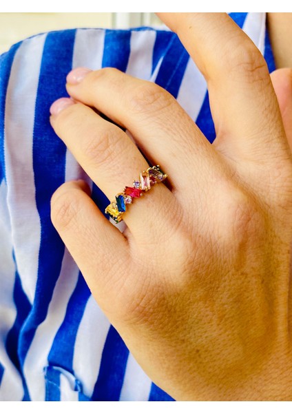 Baget Kesim Renkli Zirkon Taşlı Rainbow Ayarlanabilir Tamtur Yüzük fırsatları