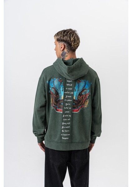 Erkek Snake Baskılı Yıkamalı Kapüşonlu Oversize Hoodie Yeşil