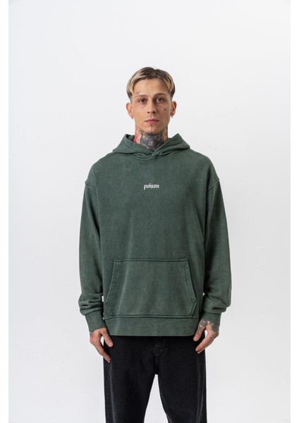 Erkek Snake Baskılı Yıkamalı Kapüşonlu Oversize Hoodie Yeşil fiyatları
