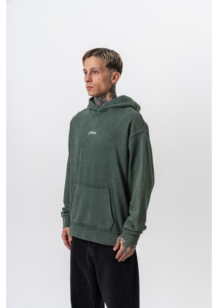 Erkek Snake Baskılı Yıkamalı Kapüşonlu Oversize Hoodie Yeşil modelleri