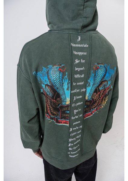 Erkek Snake Baskılı Yıkamalı Kapüşonlu Oversize Hoodie Yeşil fırsatları