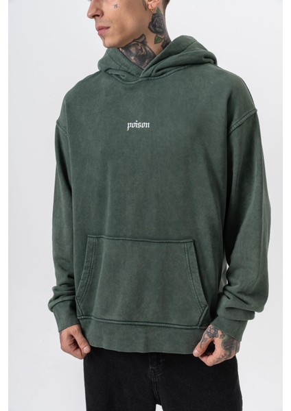 Erkek Snake Baskılı Yıkamalı Kapüşonlu Oversize Hoodie Yeşil indirimleri