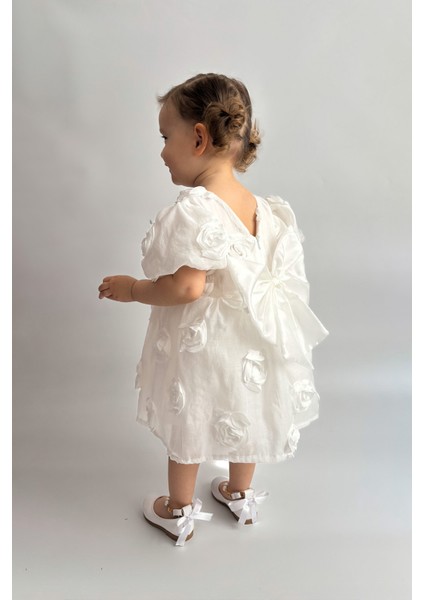 Kız Bebek Elbise Kısa Kollu Fiyonklu Güllü Doğum Günü Parti Düğün Özel Gün Abiye Kız Çocuk Elbise ALY0680