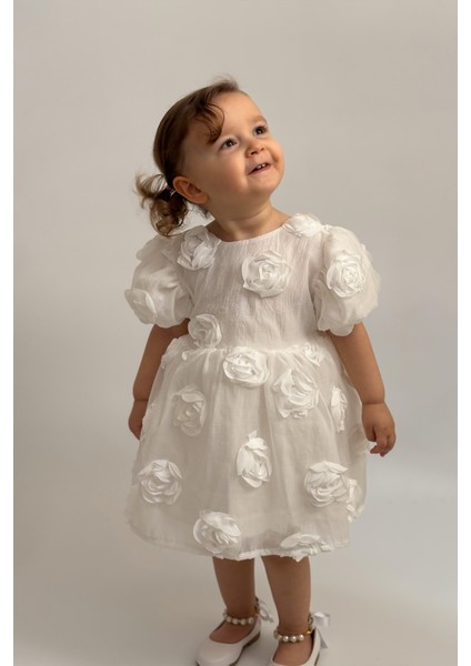 Kız Bebek Elbise Kısa Kollu Fiyonklu Güllü Doğum Günü Parti Düğün Özel Gün Abiye Kız Çocuk Elbise ALY0680