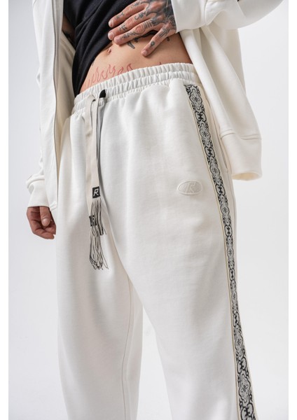 Erkek Damask Şerit Detaylı Kışlık Doubleface Baggy Eşofman Altı Ekru indirimleri