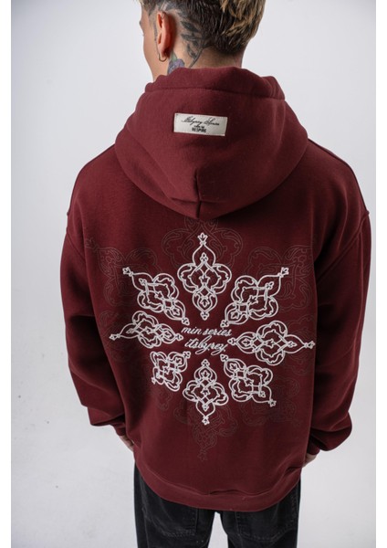 Erkek Itsbyzey Nakışlı Kapüşonlu Oversize Hoodie Bordo indirimleri