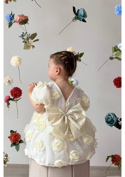 Kız Bebek Elbise Kısa Kollu Fiyonklu Güllü Doğum Günü Parti Düğün Özel Gün Abiye Kız Çocuk Elbise ALY0680