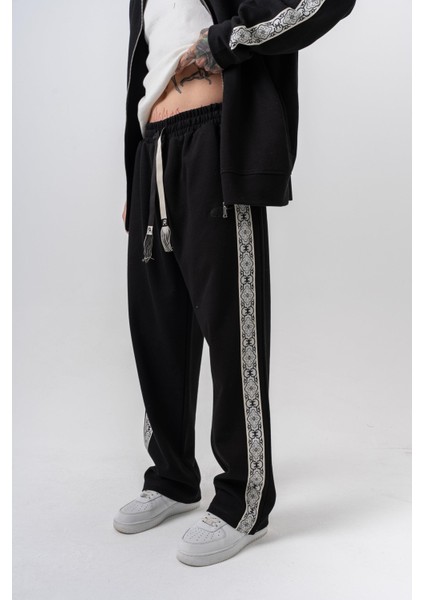 Erkek Damask Şerit Detaylı Kışlık Doubleface Baggy Eşofman Altı Siyah