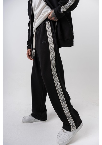 Erkek Damask Şerit Detaylı Kışlık Doubleface Baggy Eşofman Altı Siyah fırsatları