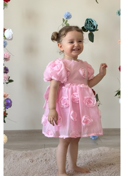 Kız Bebek Elbise Kısa Kollu Fiyonklu Güllü Doğum Günü Parti Düğün Özel Gün Abiye Kız Çocuk Elbise ALY0680 fiyatları