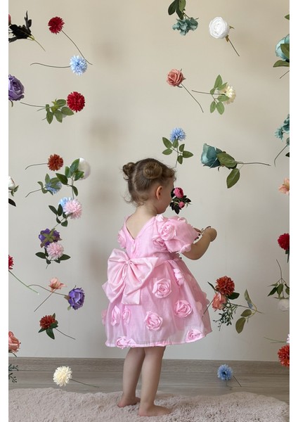 Kız Bebek Elbise Kısa Kollu Fiyonklu Güllü Doğum Günü Parti Düğün Özel Gün Abiye Kız Çocuk Elbise ALY0680