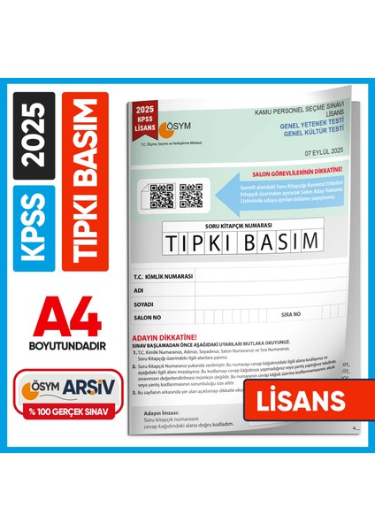 2025 Kpss Lisans Gy-Gk Ösym Tıpkı Basım Çıkmış Soru Deneme Kitapçığı (Çözümlü Türkiye Geneli Sınav)