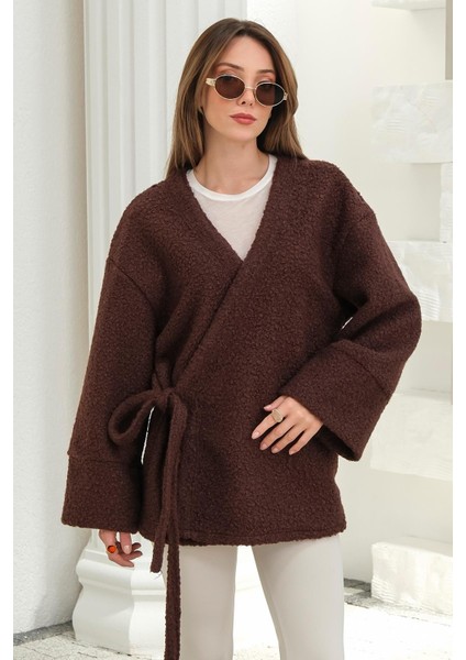 Önü Bağlamalı Buklet Kimono Ceket Kahve 8265