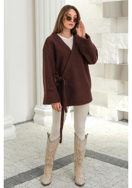 Önü Bağlamalı Buklet Kimono Ceket Kahve 8265 fırsatları