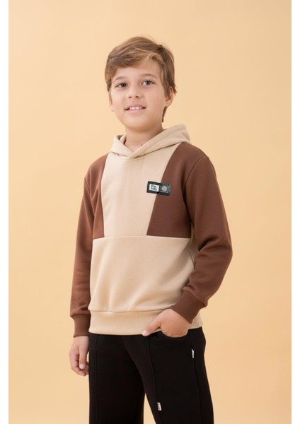 Erkek Çocuk Kapüşonlu Parçalı 3 Ip Sweatshirt Taş