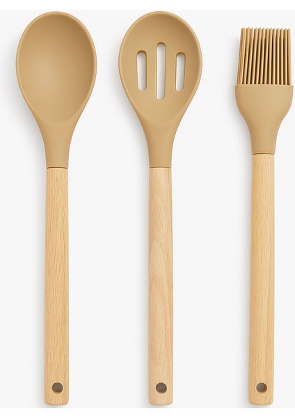 28 cm Ahşap Saplı Silikon Mutfak Gereçleri – 3’lü Set Kaşık Delikli Kepçe Fırça