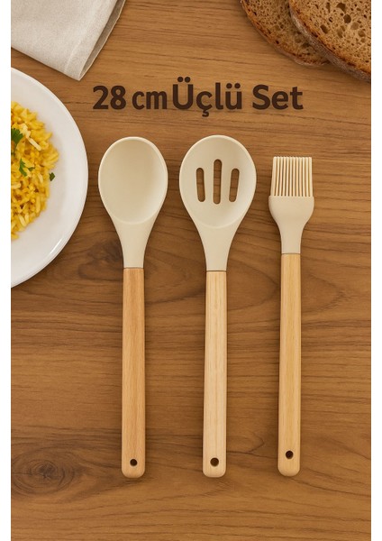 28 cm Ahşap Saplı Silikon Mutfak Gereçleri – 3’lü Set Kaşık Delikli Kepçe Fırça fiyatları