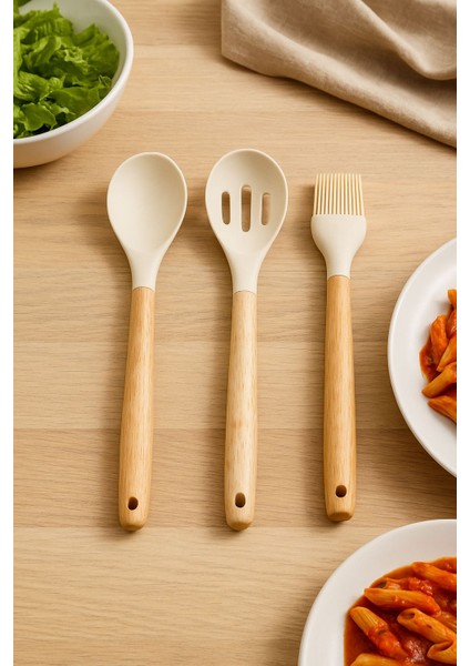 28 cm Ahşap Saplı Silikon Mutfak Gereçleri – 3’lü Set Kaşık Delikli Kepçe Fırça modelleri