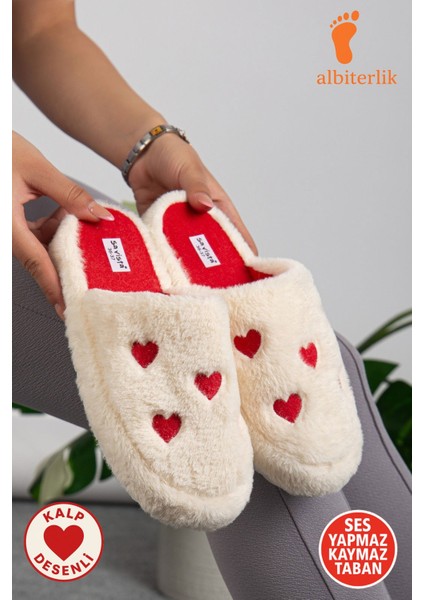 Unisex Kadın Kalp Desenli Pofuduk Çeyiz Bohça Ev Terliği Ses Yapmaz Kaymaz Taban Ev Terlik