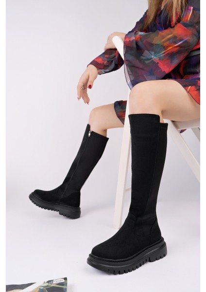 Diasa Süet Kalın Taban Streç Detaylı Fermuarlı Kadın Çizme