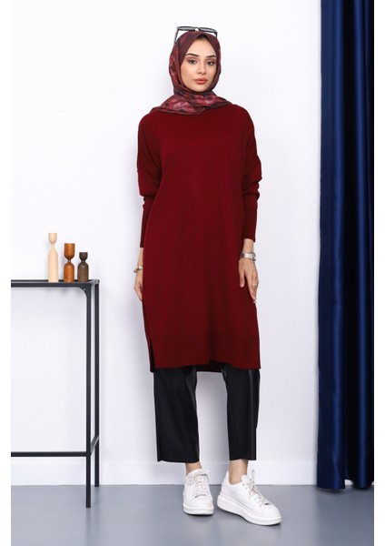 Koyu Bordo Bisiklet Yaka Merserize Salaş Triko Tunik