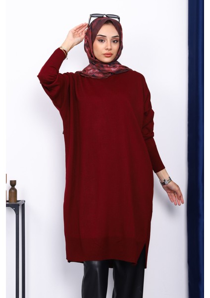 Koyu Bordo Bisiklet Yaka Merserize Salaş Triko Tunik fiyatları