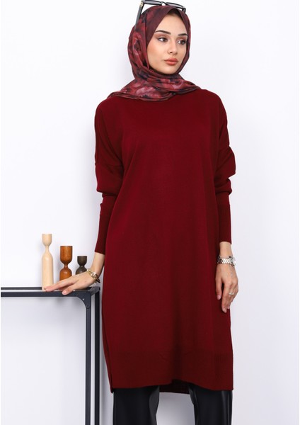 Koyu Bordo Bisiklet Yaka Merserize Salaş Triko Tunik modelleri