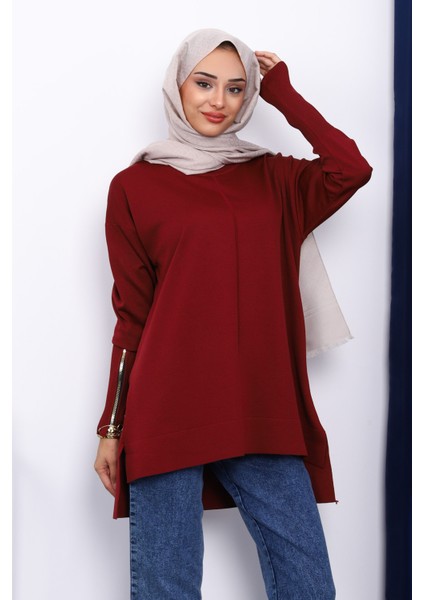 Bordo Kol Fermuarlı Soğuk Iplik Triko Tunik