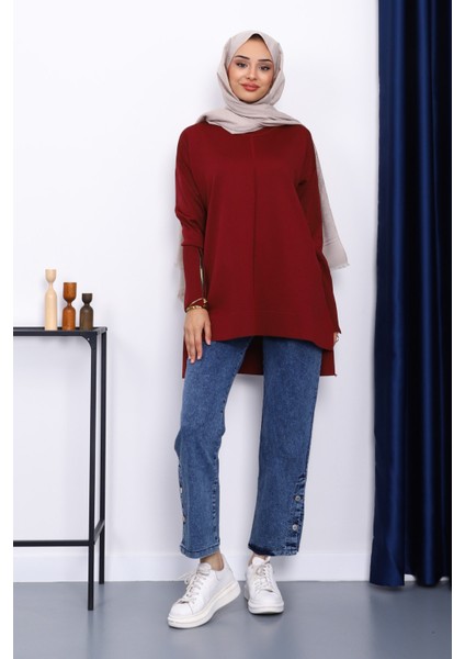Bordo Kol Fermuarlı Soğuk Iplik Triko Tunik fiyatları