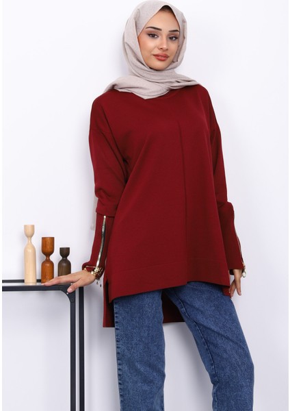 Bordo Kol Fermuarlı Soğuk Iplik Triko Tunik modelleri