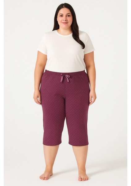 Mor Puantiyeli Desenli Kaliteli Büyük Beden Kadın Yüksek Bel Yazlık Pijama Altı Kapri Bermuda