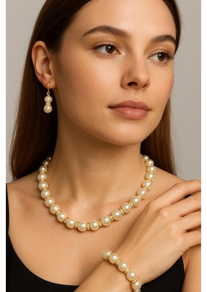 Elegant Inci Kolye Küpe Bileklik Seti 3 Lü Set