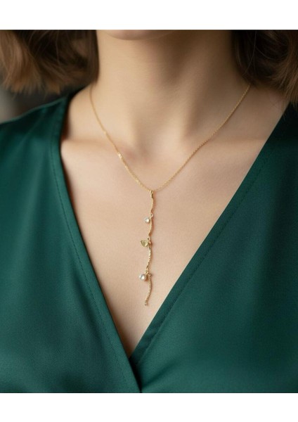 Yaprak ve Taşlı Y Kolye Gold Renk