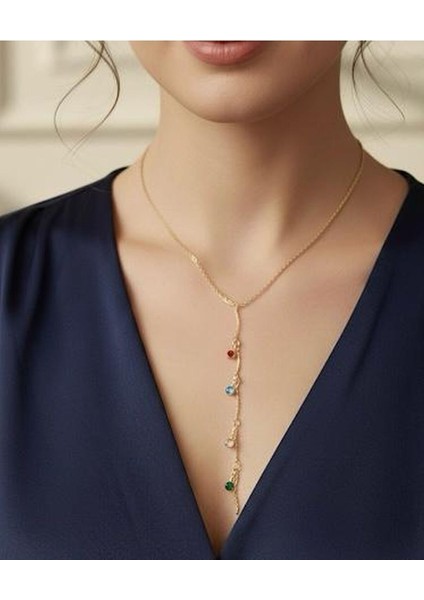 Renkli Taşlı Y Kolye Gold Renk