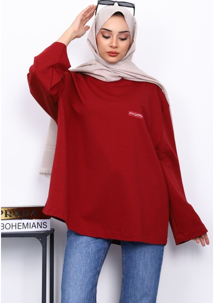 Bordo Bisiklet Yaka Iki Iplik Oversize Sweatshirt