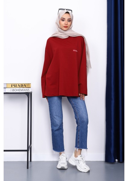 Bordo Bisiklet Yaka Iki Iplik Oversize Sweatshirt fiyatları