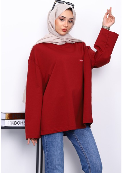 Bordo Bisiklet Yaka Iki Iplik Oversize Sweatshirt modelleri
