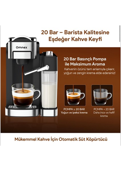 Ox-Pro2 Espresso Kahve Makinesi 20 Bar Kapsül & Öğütülmüş Kahve, Süt Köpürtücü Latte Cappuccino