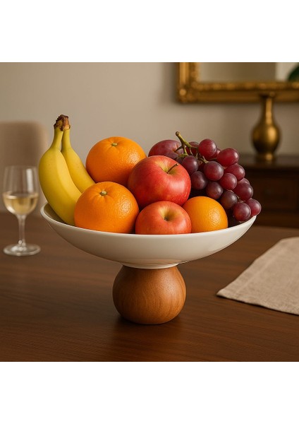 Ahşap Tabanlı Seramik Servis Standı | Meyve, Pasta, Kurabiye Sunum Tabağı (21X10 Cm)