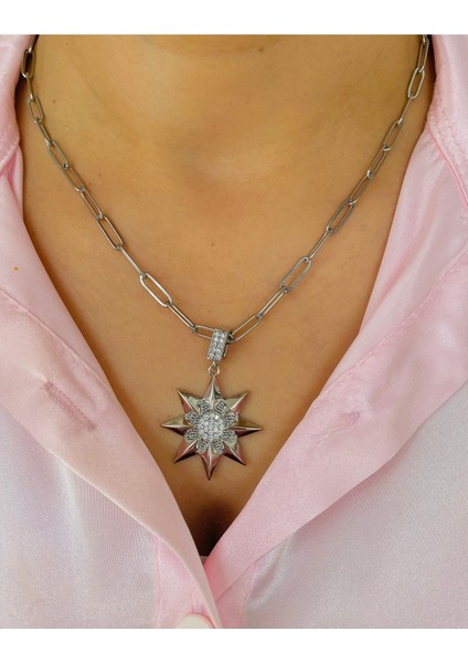 Gümüş Kaplama Büyük Güneş Çelik Kolye Garantili